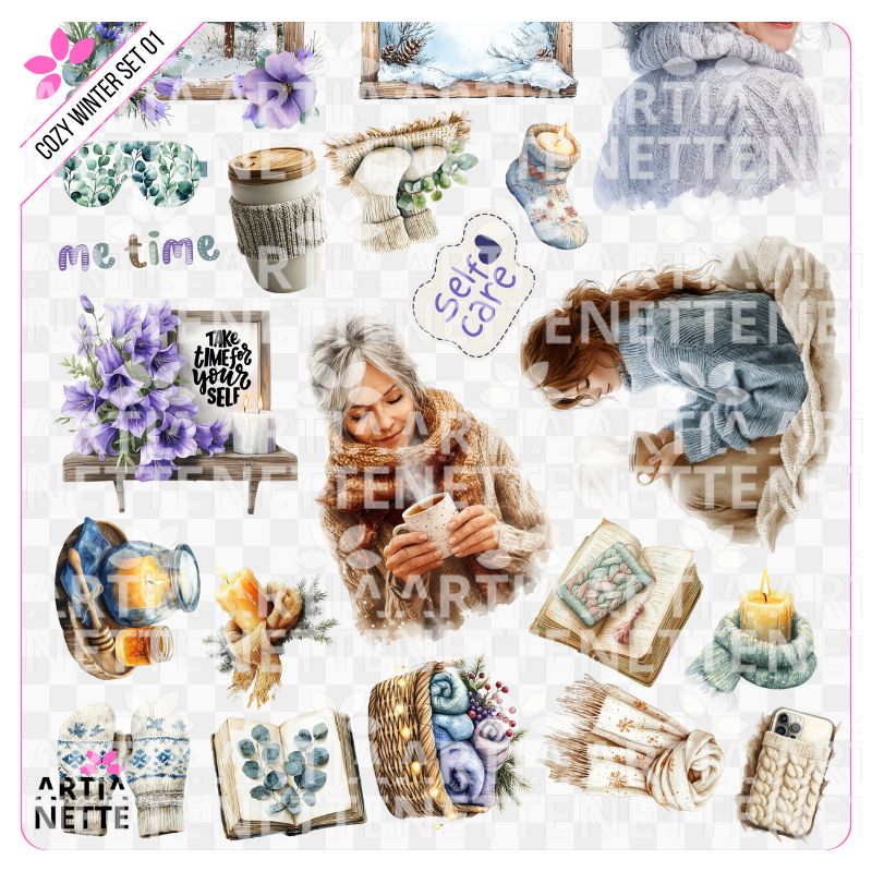 19 Clipartów PNG + 1 A4 "Cozy Winter Set 01". Akwarelowa kolekcja self-care z portretem kobiety w swetrze, lawendą, kubkami i napisami "Mój czas" oraz "Self-care".