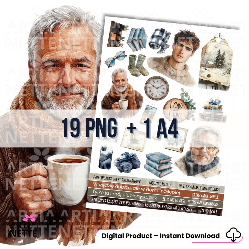 19 Clipartów PNG + 1 A4 "Cozy Winter Set 02". Akwarelowa kolekcja męska i senioralna: portrety mężczyzn w swetrach, książki, kawa, skarpetki i napisy "W starym ciele młody duch".