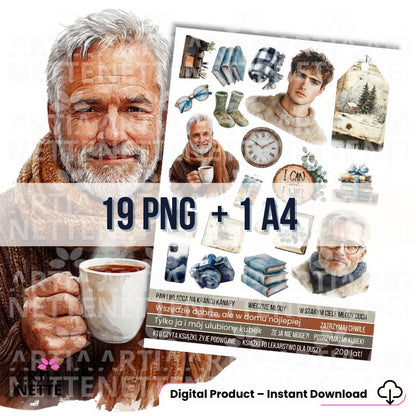 19 Clipartów PNG + 1 A4 "Cozy Winter Set 02". Akwarelowa kolekcja męska i senioralna: portrety mężczyzn w swetrach, książki, kawa, skarpetki i napisy "W starym ciele młody duch".