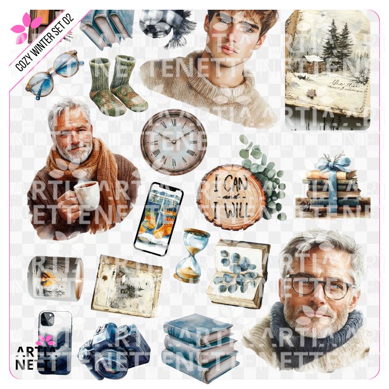 19 Clipartów PNG + 1 A4 "Cozy Winter Set 02". Akwarelowa kolekcja męska i senioralna: portrety mężczyzn w swetrach, książki, kawa, skarpetki i napisy "W starym ciele młody duch".