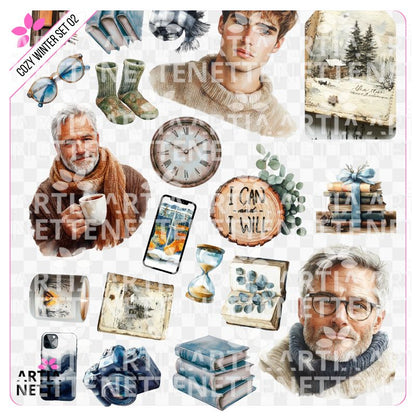 19 Clipartów PNG + 1 A4 "Cozy Winter Set 02". Akwarelowa kolekcja męska i senioralna: portrety mężczyzn w swetrach, książki, kawa, skarpetki i napisy "W starym ciele młody duch".