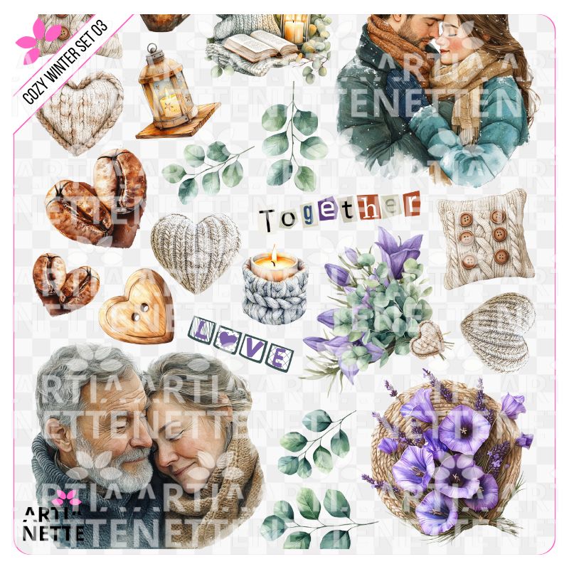 15 Clipartów PNG + 1 A4 "Cozy Winter Set 03". Akwarelowa kolekcja dla par: romantyczne portrety, lawenda, kawa, serca i napisy "Z tobą miłość smakuje lepiej" i "Better together