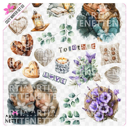 15 Clipartów PNG + 1 A4 "Cozy Winter Set 03". Akwarelowa kolekcja dla par: romantyczne portrety, lawenda, kawa, serca i napisy "Z tobą miłość smakuje lepiej" i "Better together