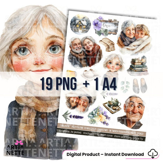 9 Clipartów PNG + 1 A4 "Cozy Winter Set 04". Akwarelowa kolekcja seniorów: portrety starszych par, lawenda, chatka, kubki i napisy "Dom jest tam, gdzie jesteś Ty"