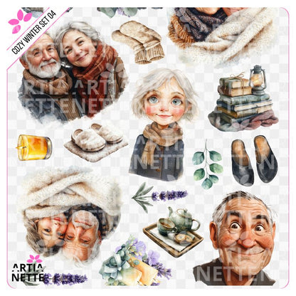 9 Clipartów PNG + 1 A4 "Cozy Winter Set 04". Akwarelowa kolekcja seniorów: portrety starszych par, lawenda, chatka, kubki i napisy "Dom jest tam, gdzie jesteś Ty"