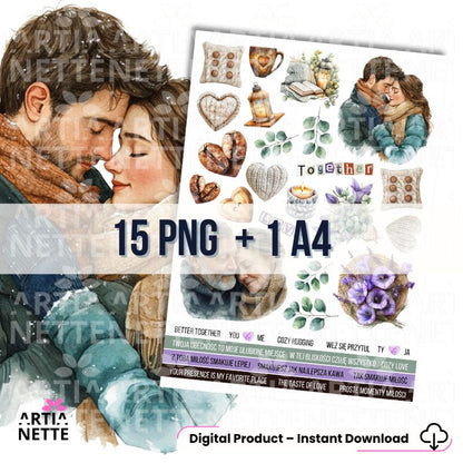15 Clipartów PNG + 1 A4 "Cozy Winter Set 03". Akwarelowa kolekcja dla par: romantyczne portrety, lawenda, kawa, serca i napisy "Z tobą miłość smakuje lepiej" i "Better together