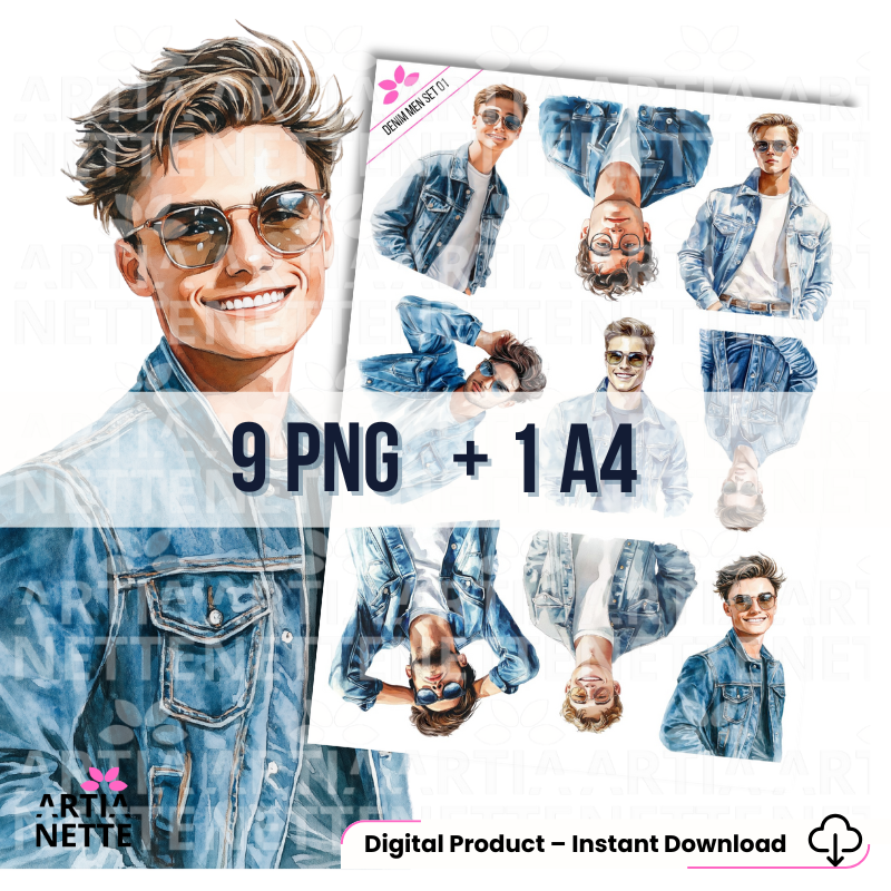 9 Clipartów PNG + 1 A4 "DENIM MEN SET 01". Akwarelowe portrety młodych mężczyzn w kurtkach jeansowych, styl casual, z okularami przeciwsłonecznymi.