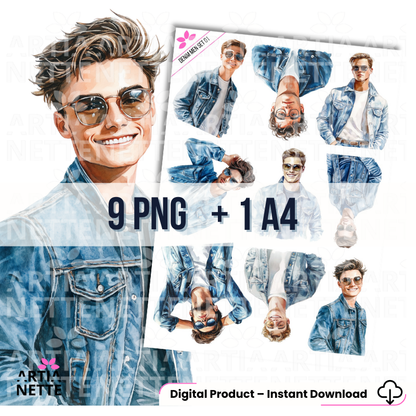 9 Clipartów PNG + 1 A4 "DENIM MEN SET 01". Akwarelowe portrety młodych mężczyzn w kurtkach jeansowych, styl casual, z okularami przeciwsłonecznymi.