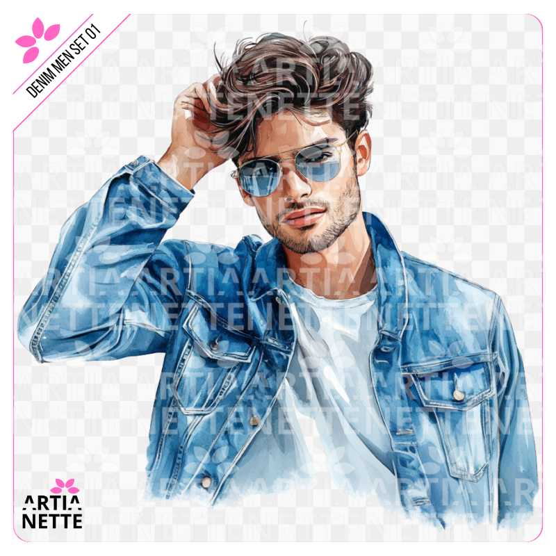 9 Clipartów PNG + 1 A4 "DENIM MEN SET 01". Akwarelowe portrety młodych mężczyzn w kurtkach jeansowych, styl casual, z okularami przeciwsłonecznymi.