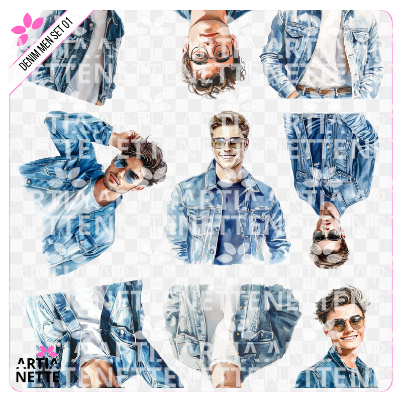 9 Clipartów PNG + 1 A4 "DENIM MEN SET 01". Akwarelowe portrety młodych mężczyzn w kurtkach jeansowych, styl casual, z okularami przeciwsłonecznymi.
