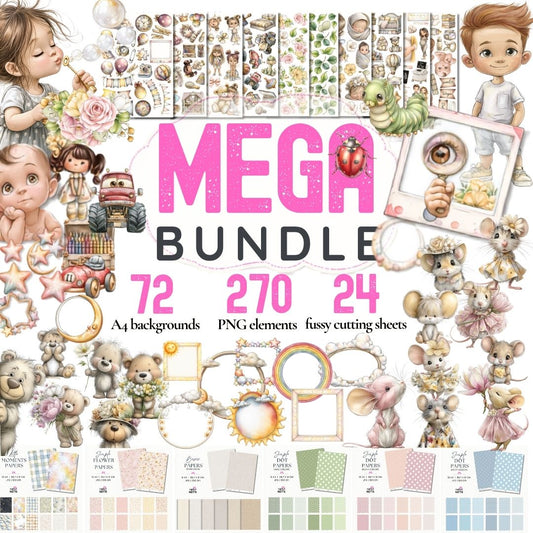 Little Moments Mega Bundle – komplet kolekcji | 270 PNG, 72 papiery A4, 24 arkusze do wycinania