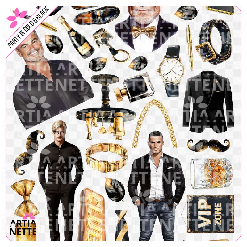 28 Clipartów PNG "Party in Gold & Black Set 09". Akwarelowe grafiki stylowych mężczyzn, zegarków, mokasynów, butelek whisky i złotych akcesoriów. Zestaw idealny na imprezy męskie VIP.