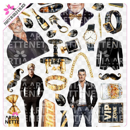 28 Clipartów PNG "Party in Gold & Black Set 09". Akwarelowe grafiki stylowych mężczyzn, zegarków, mokasynów, butelek whisky i złotych akcesoriów. Zestaw idealny na imprezy męskie VIP.