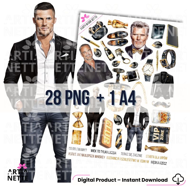 28 Clipartów PNG "Party in Gold & Black Set 09". Akwarelowe grafiki stylowych mężczyzn, zegarków, mokasynów, butelek whisky i złotych akcesoriów. Zestaw idealny na imprezy męskie VIP.