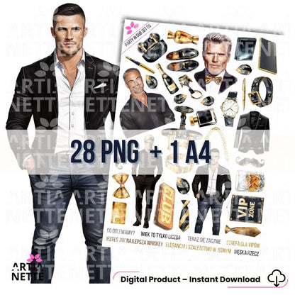28 Clipartów PNG "Party in Gold & Black Set 09". Akwarelowe grafiki stylowych mężczyzn, zegarków, mokasynów, butelek whisky i złotych akcesoriów. Zestaw idealny na imprezy męskie VIP.