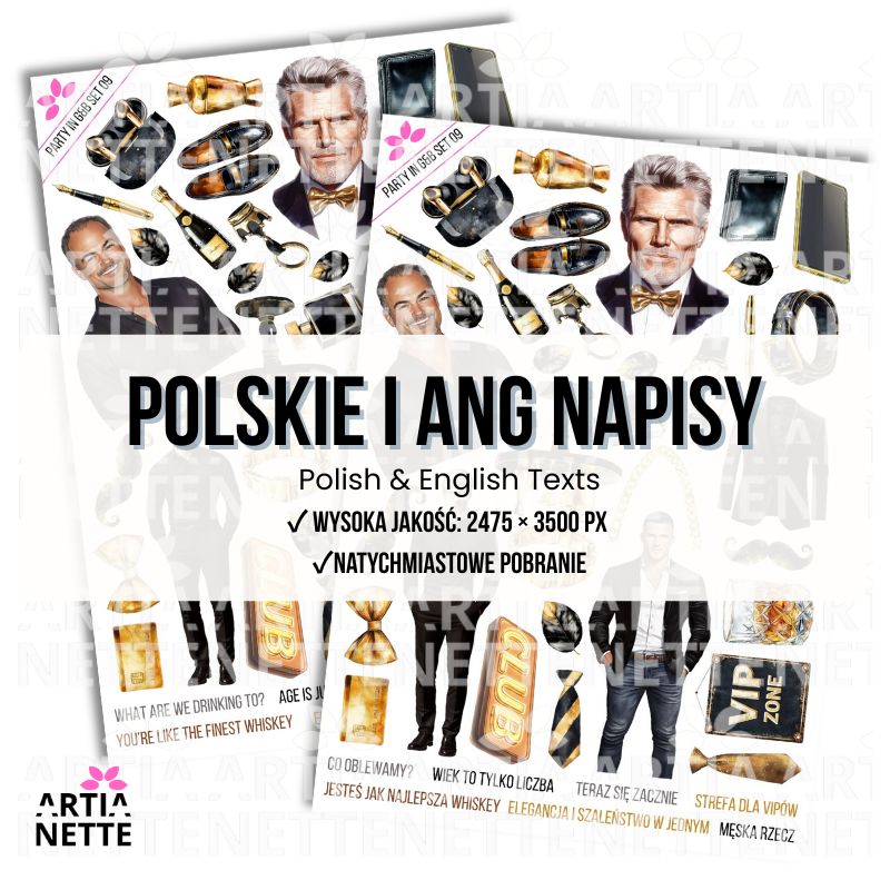 28 Clipartów PNG "Party in Gold & Black Set 09". Akwarelowe grafiki stylowych mężczyzn, zegarków, mokasynów, butelek whisky i złotych akcesoriów. Zestaw idealny na imprezy męskie VIP.