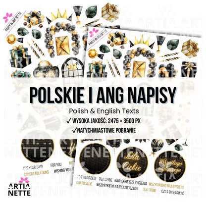 Party in Gold & Black SET 12 - Arkusz A4 + 28 Oddzielnych Clipartów PNG Urodzinowe elementy