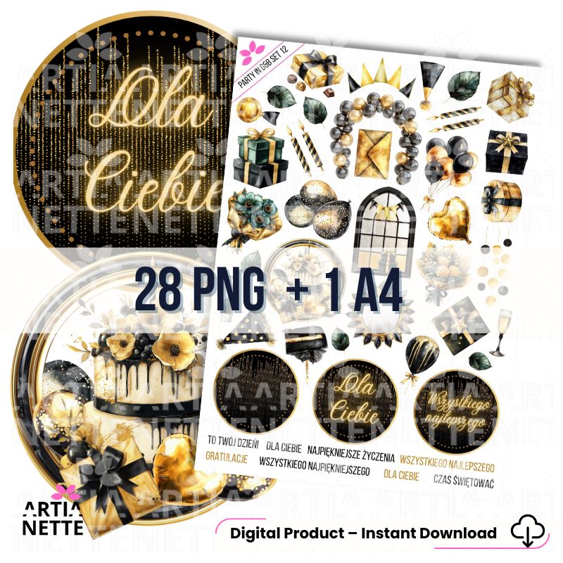 Party in Gold & Black SET 12 - Arkusz A4 + 28 Oddzielnych Clipartów PNG Urodzinowe elementy