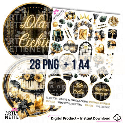 Party in Gold & Black SET 12 - Arkusz A4 + 28 Oddzielnych Clipartów PNG Urodzinowe elementy
