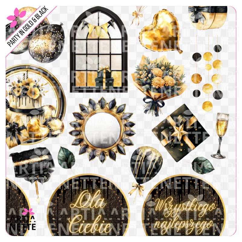 Party in Gold & Black SET 12 - Arkusz A4 + 28 Oddzielnych Clipartów PNG Urodzinowe elementy