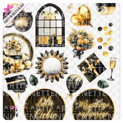 Party in Gold & Black SET 12 - Arkusz A4 + 28 Oddzielnych Clipartów PNG Urodzinowe elementy