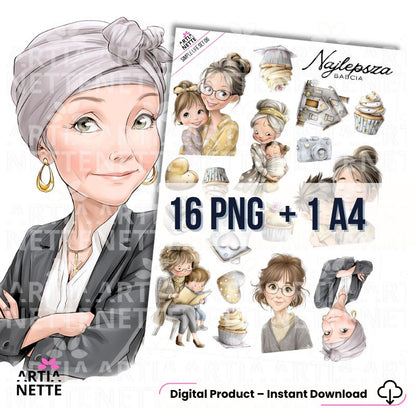 Podgląd zestawu Simple Life - SET 06 Najlepsza Babcia z grafikami PNG przedstawiającymi babcie z wnukami, babeczki i serca oraz arkuszem A4.
