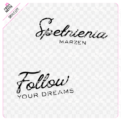 Arkusz z elementami do wycięcia i grafiki PNG do scrapbookingu oraz rękodzieła. Zestaw kreatywny idealny na warsztaty, przedstawiający motywy urodzin, tortów, prezentów i świętowania napisy spełnienia marzeń, follow your dream