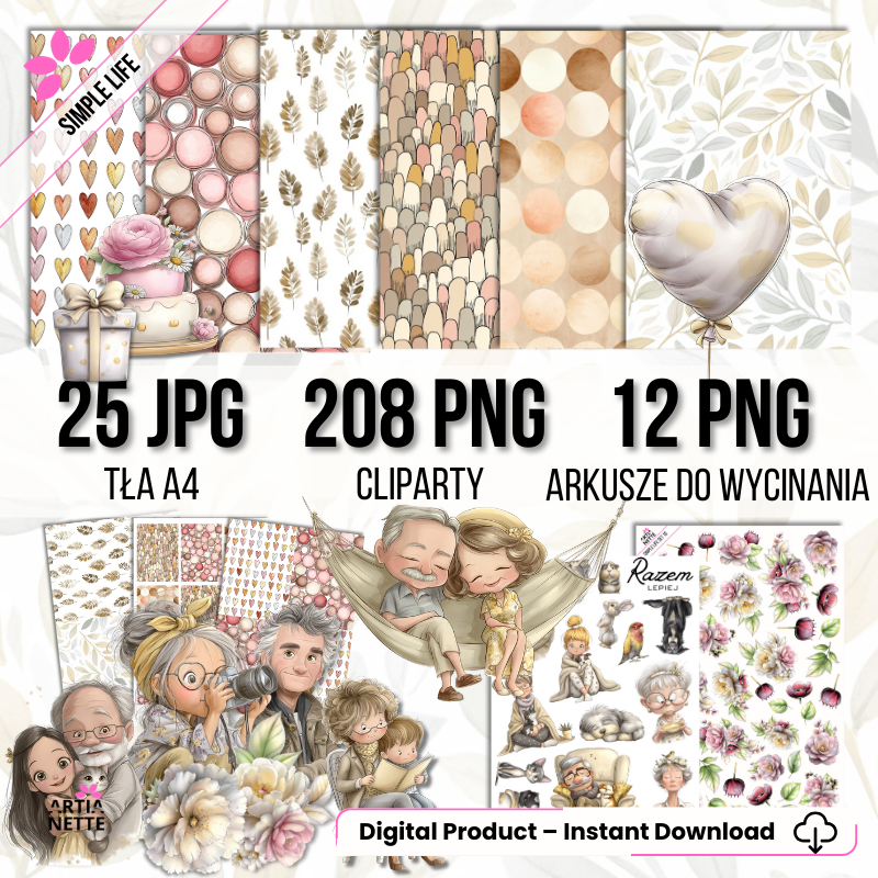 Kolekcja Simple Life - Mega Bundle - 208 grafik PNG, 37 arkuszy A4