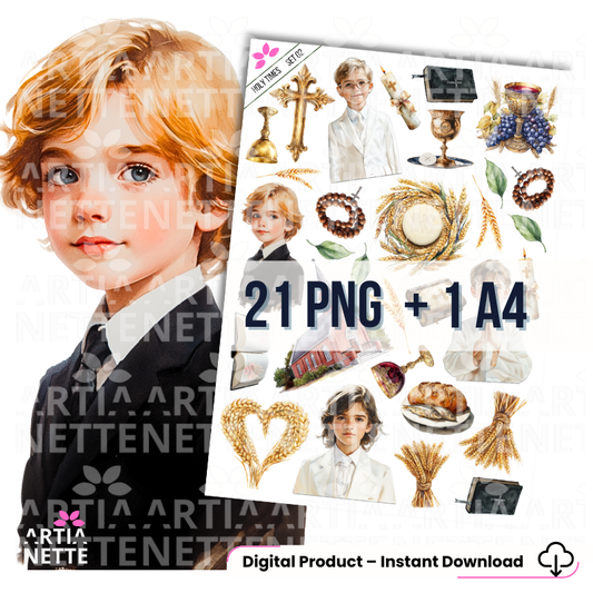 Arkusz A4 do druku i wycinania oraz zestaw 21 pojedynczych grafik PNG z religijnej kolekcji Holy Times. Produkt przeznaczony do kreatywnego rękodzieła, scrapbookingu oraz tworzenia pamiątek i zaproszeń na Pierwszą Komunię Świętą dla chłopca. Zawiera ilustracje postaci, symbole sakralne (kielich, krzyż, Biblia) oraz motywy eucharystyczne w wysokiej jakości 300 DPI.
