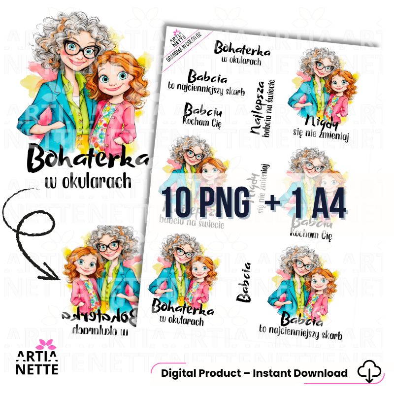 Grandma in Color 02 – Ilustracje i napisy dla Babci, set PNG z odbiciem lustrzanym