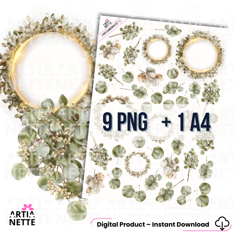 Boho Communion SET 13 | zestaw grafik PNG – eukaliptus, wianki i ramki