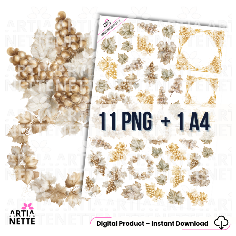 Boho Communion SET 14 | zestaw grafik PNG – winogrona, liście i złote ramki