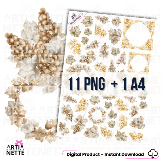 Boho Communion SET 14 | zestaw grafik PNG – winogrona, liście i złote ramki
