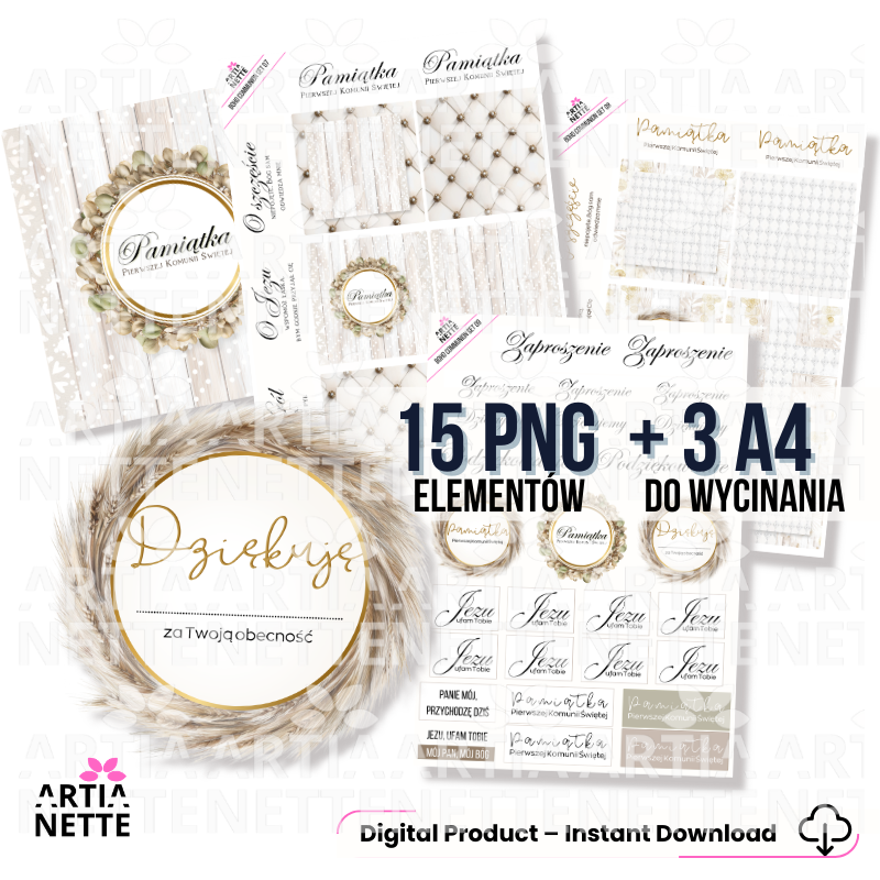 Boho Communion Collection – MEGA ZESTAW | tła A4, cliparty i arkusze do wycinania