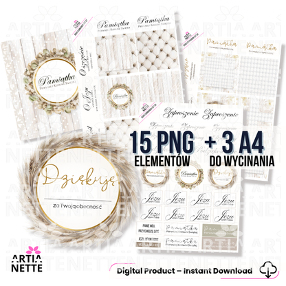 Boho Communion Collection – MEGA ZESTAW | tła A4, cliparty i arkusze do wycinania