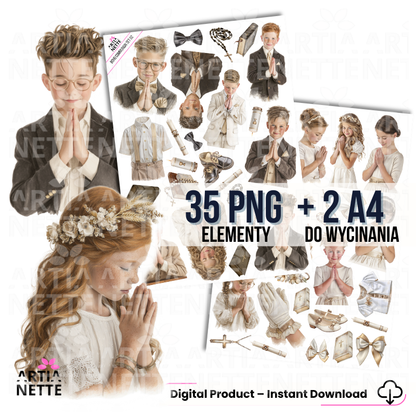 Boho Communion SET 01-02| zestaw grafik PNG – dziewczynki i chłopcy w stylu boho