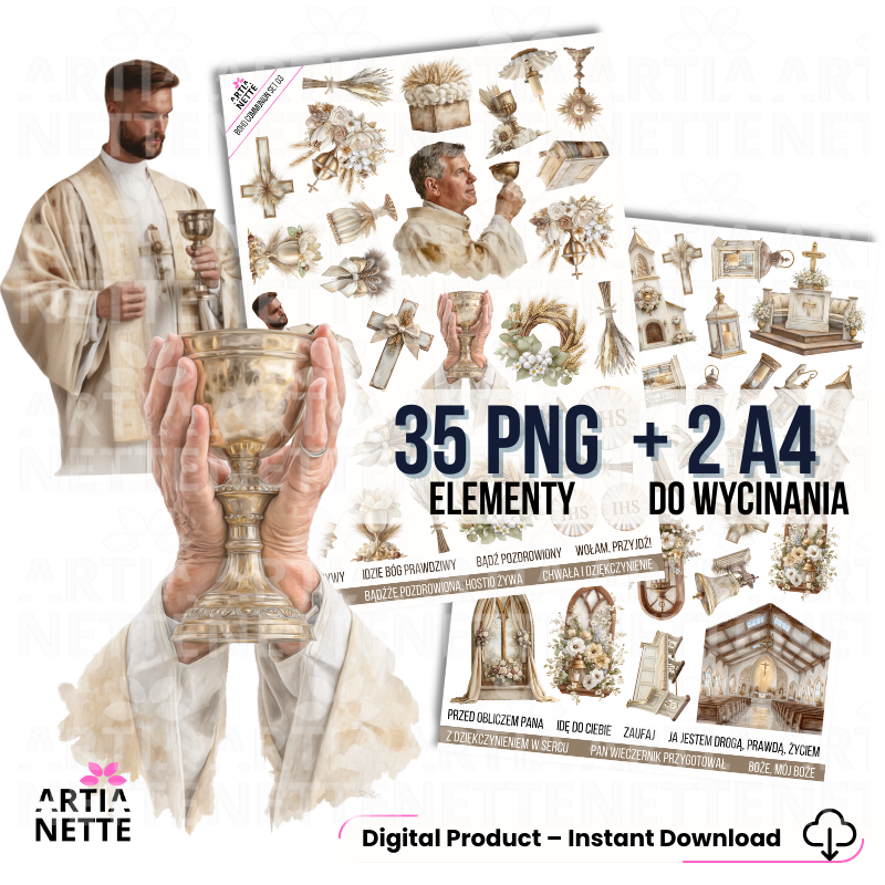 Boho Communion Collection – MEGA ZESTAW | tła A4, cliparty i arkusze do wycinania