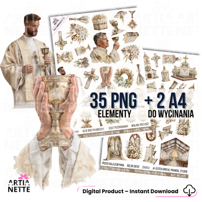 Boho Communion Collection – MEGA ZESTAW | tła A4, cliparty i arkusze do wycinania