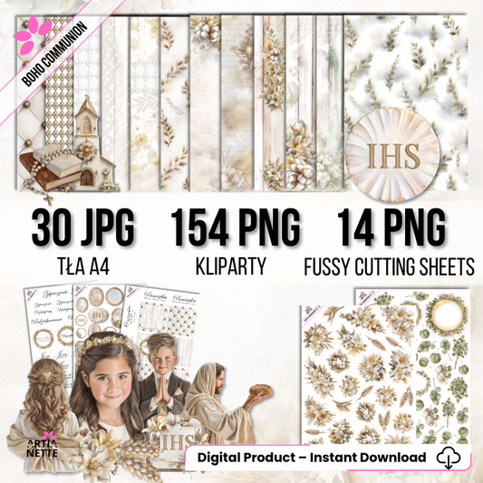 Boho Communion Collection – MEGA ZESTAW | tła A4, cliparty i arkusze do wycinania