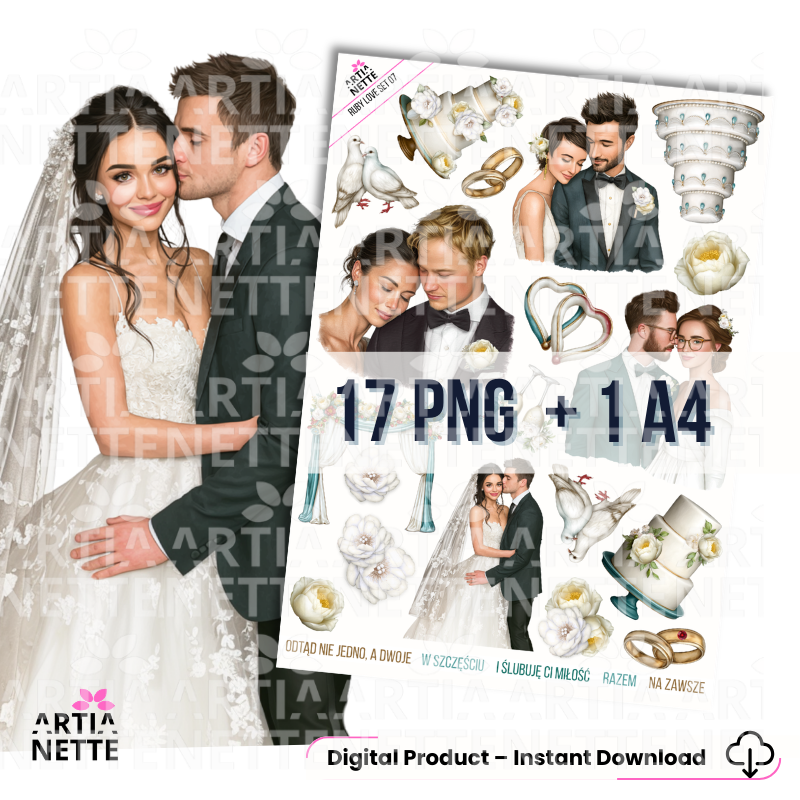Набір Ruby Love 07 – Весільний PNG-набір графіки | Наречений, наречена та символи кохання