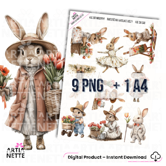 Wiosenne Króliczki PNG – Spring Bunny Clipart | 9 PNG + A4