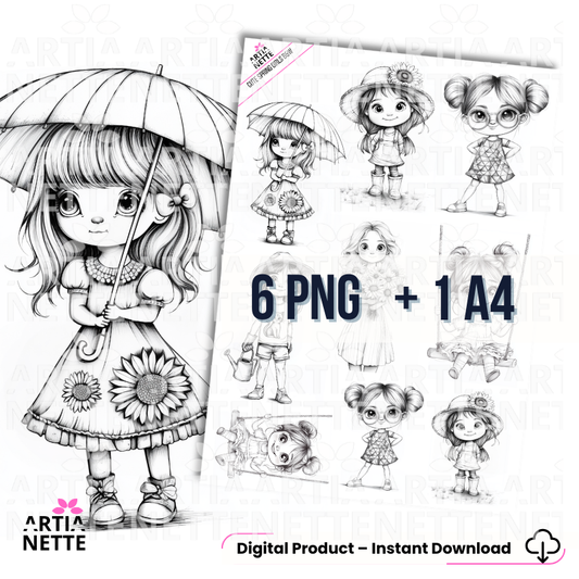 Розмальовка дівчинки – Весняні ілюстрації для друку | 6 PNG + розмальовка у форматі А4