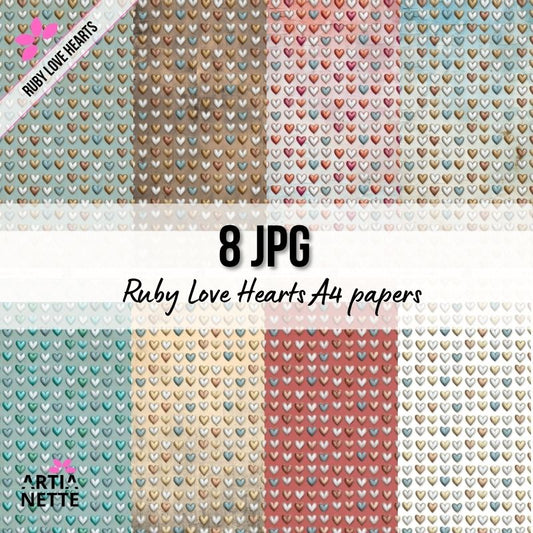 Papiery scrapbookowe A4 z sercami – zestaw 8 teł vintage | Ruby Love Hearts
