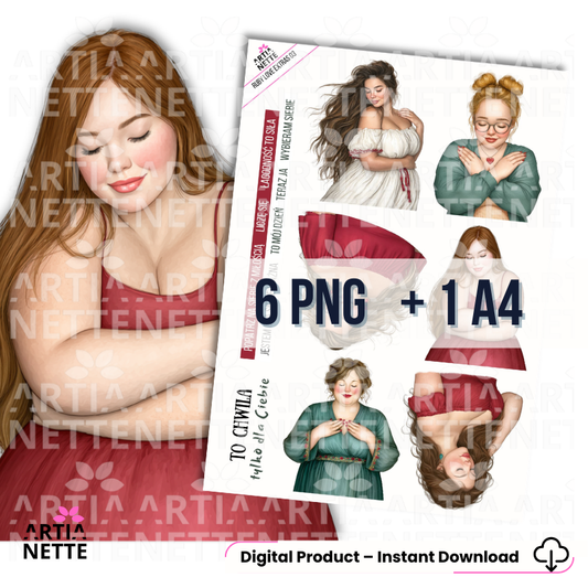 Kobiece ilustracje – postacie kobiet | Arkusz do wycinania A4 + 6 grafik PNG | Kolekcja Ruby Love Extra