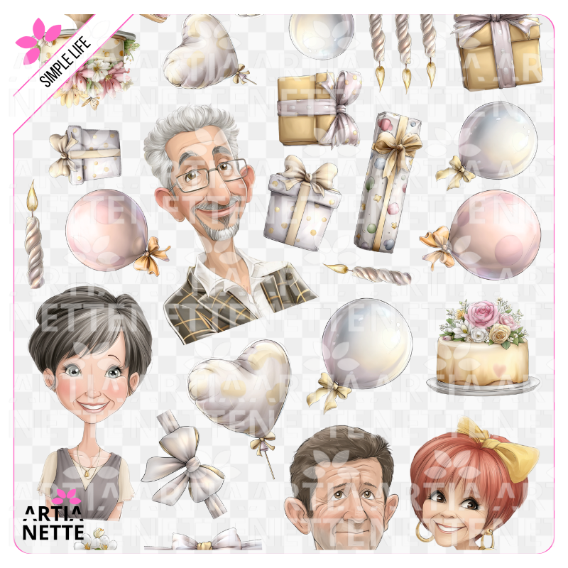 Arkusz z elementami do wycięcia i grafiki PNG do scrapbookingu oraz rękodzieła. Zestaw kreatywny idealny na warsztaty, przedstawiający motywy urodzin, tortów, prezentów i świętowania