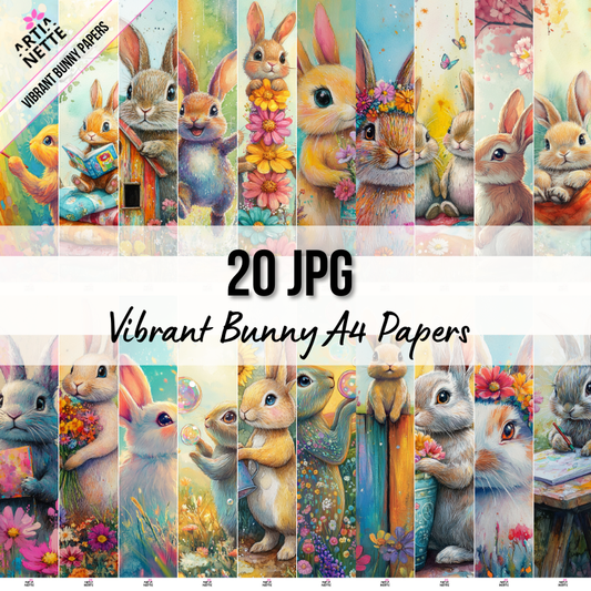 Vibrant Bunny A4 Papers – кольорові папери з кроликами для скрапбукінгу | 20 JPG