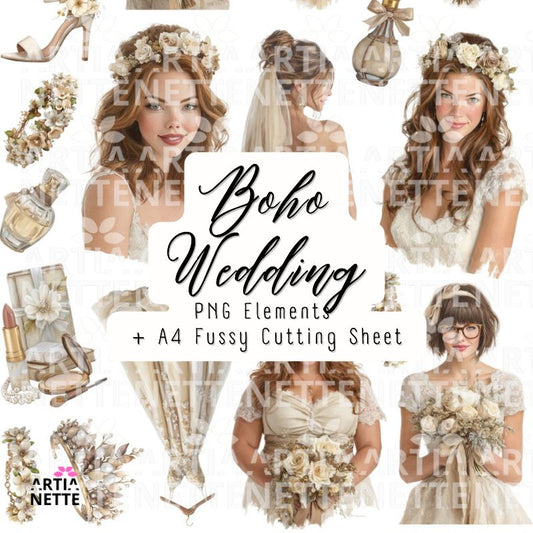 Dark-haired brides and wedding accessories - Boho Wedding Set 02 – 17 PNG + A4 for cutting