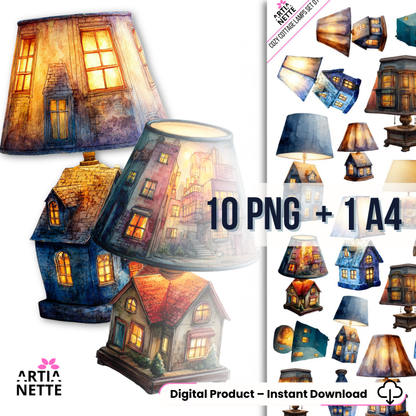 Lampy z domkami – ilustracje cozy cottage | Arkusz A4 do wycinania + 10 PNG