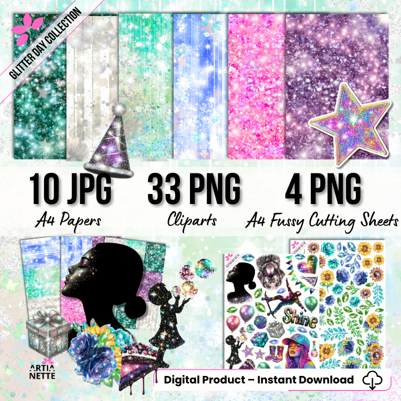 Glitter Day Collection – блискучий папір формату А4 та окремі кліпарти