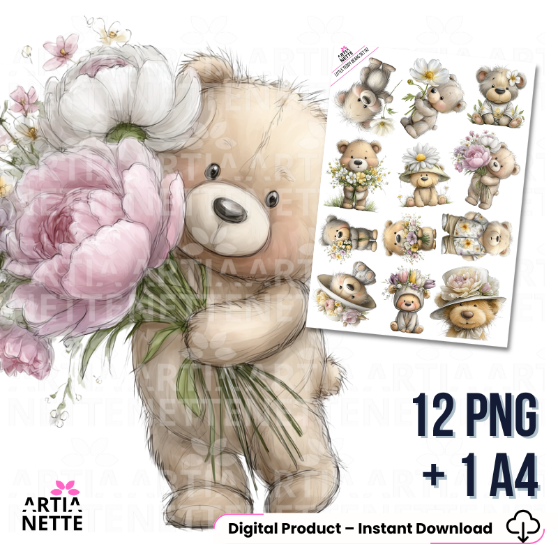 Floral Teddy Bear Clipart – misie z kwiatami do druku | 12 PNG + A4